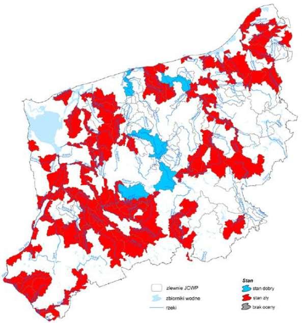Rysunek 23. Ocena stanu JCWP rzecznych na terenie województwa zachodniopomorskiego w latach 2011-2015.