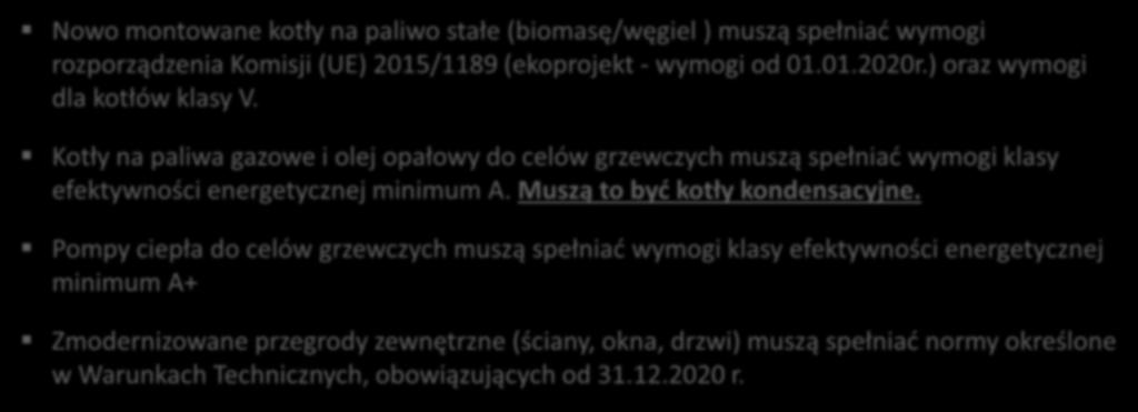 Ważne informacje Najważniejsze kryteria techniczne Nowo montowane kotły na paliwo stałe (biomasę/węgiel ) muszą spełniać wymogi rozporządzenia Komisji (UE) 2015/1189 (ekoprojekt - wymogi od 01.01.2020r.