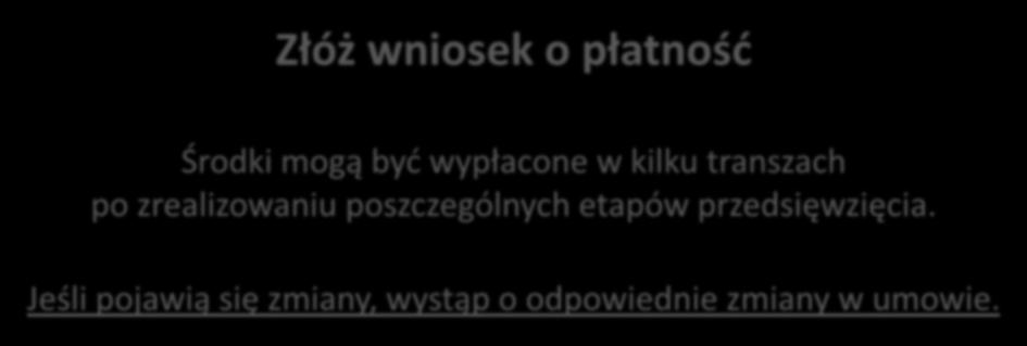 KROK SZÓSTY KROK SIÓDMY Złóż wniosek o płatność Środki mogą być wypłacone w kilku transzach po