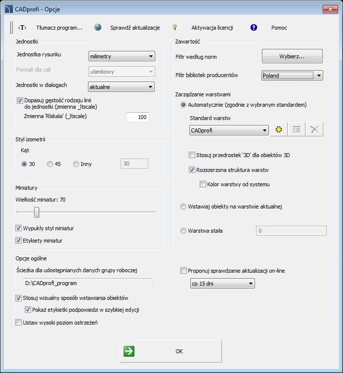 CADprofi Polecenia ogólne: Opcje programu CADprofi Opcje programu CADprofi Polecenie CADprofi Opcje pozwala określić podstawowe parametry pracy programu.