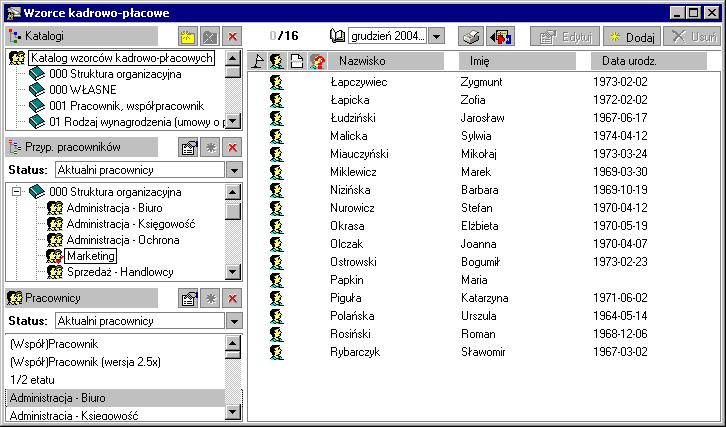 Pracownicy 97 Aby stworzyć strukturę firmy w oknie Wzorce klikamy przycisk Wzorce, a następnie w lewej części okna ikonę [Ctrl+szary plus]. Dodajemy nowy katalog np. 000 Struktura organizacyjna.