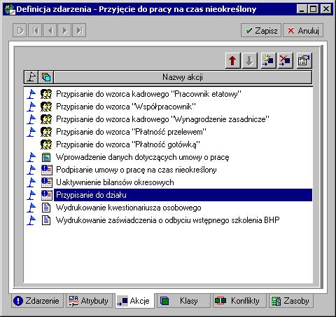 Po zapisaniu danych nowa akcja pojawi się w definicji zdarzenia Przyjęcie do pracy na czas nieokreślony. Rys.
