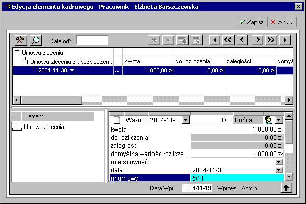 Transakcje 151 Rys. 7-2 Uzupełnianie danych dla elementu kadrowego Umowa zlecenia z ubezpieczeniami.