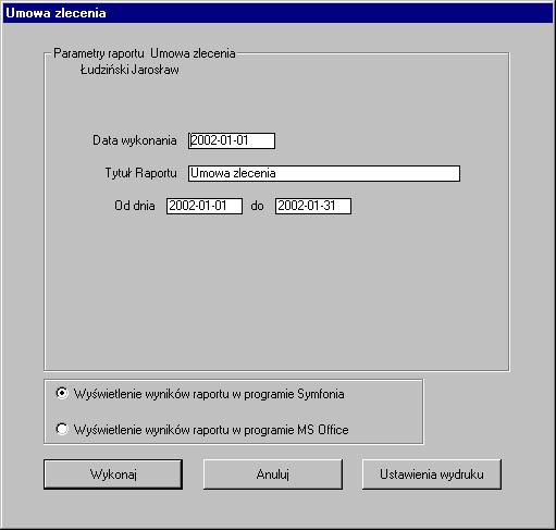Umowę można wyeksportować do dokumentu MS WORD. Rys. 7-3 Określanie parametrów dla raportu Umowa zlecenia z ubezpieczeniami.