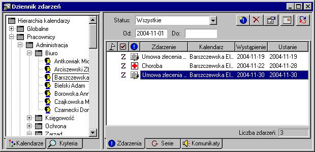 Transakcje 153 zdarzeń należy wybrać na drzewku hierarchii kalendarzy przy katalogu Pracownicy. Następnie w analogiczny sposób otwieramy katalog, w którym znajduje się pracownik.