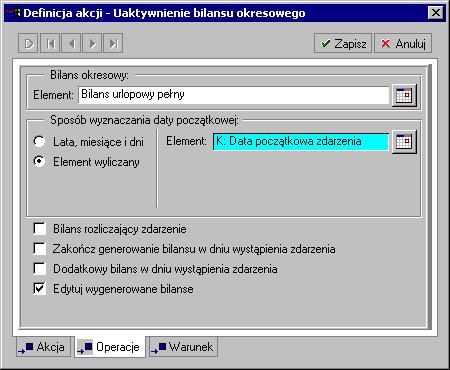 182 Rozdział 9 Rys. 9-3 Definicja akcji - Uaktywnienie bilansu urlopowego, zakładka Operacje.