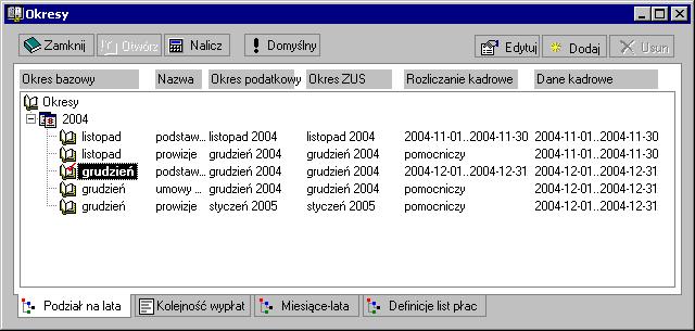 Rozliczanie wynagrodzeń 187 Po potwierdzeniu zostanie utworzony nowy okres płacowy podstawowy styczeń 2005, który pojawi się w oknie Okresy. Rys.