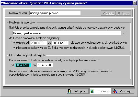 Rozliczanie wynagrodzeń 191 Rys. 10-13 Zakładka Rozliczanie tworzenie okresu pomocniczego. Po kliknięciu przycisku polecenia Zapisz zdefiniowany okres pomocniczy pojawi się na drzewku w oknie Okresy.