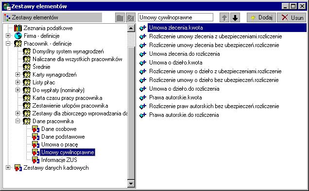Rozliczanie wynagrodzeń 199 Rys. 10-25 Okno Kartoteki - Zestawy elementów zbiór zestawów Umowy cywilno-prawne. Dodanie nowego zbioru zestawów wymaga wykonania następujących czynności.