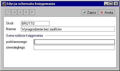 224 Rozdział 12 Rys. 12-3 Okno Edycja schematu księgowania. W prawej części okna znajduje się lista pozycji danego schematu księgowania. Nową pozycję dodajemy za pomocą przycisku Dodaj.