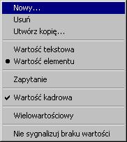 Rodzaj parametru ustawia się w menu podręcznym danego parametru w polach wyboru Wartość tekstowa lub Wartość elementu.