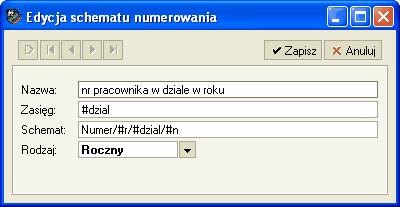 Automatyczne numerowanie 269 Rys. 14-9 Okno Parametry numerowania zdefiniowany przez użytkownika parametr dzial 2. Definiujemy schemat numerowania.