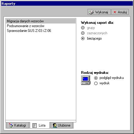 294 Rozdział 16 Wzorce W programie istnieją raporty dotyczące pracowników, wykonywane dla wzorców z okna Wzorce.