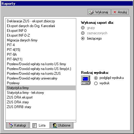 16-17 Okno Raporty wybór raportu i rodzaju wydruku.