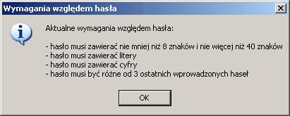 Organizacja zabezpieczania danych 315 Stare hasło W tym polu należy wpisać ciąg znaków, które dotychczas były wykorzystywane jako hasło.