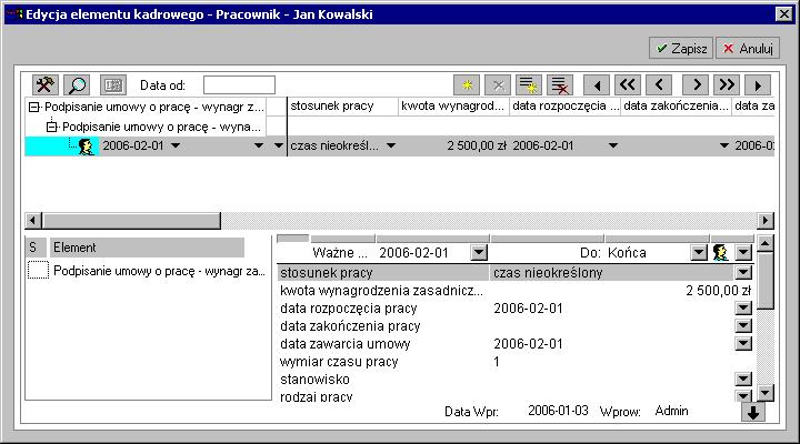 okno Edycja elementu kadrowego Podpisanie umowy o pracę. Rys.