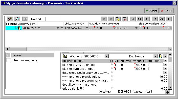 Realizacja zdarzenia otwiera okno edycji elementu kadrowego Bilans urlopowy.