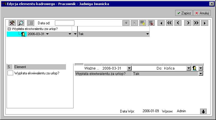 82 Rozdział 4 Rys. 4-51 Okno Edycja elementu kadrowego Wypłata ekwiwalentu za urlop. Po zapisaniu danych otworzy się okno wydruku dokumentu.
