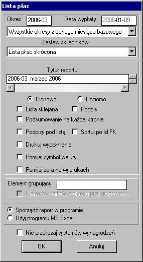 88 Rozdział 4 Rys. 4-61 Okno Lista płac ustawienia raportu.