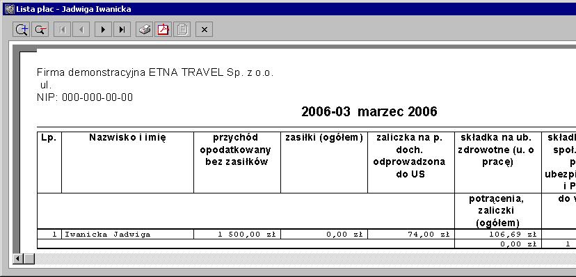 Pracownik 89 Rys. 4-62 Skrócona lista płac pracownika W taki sam sposób możemy wydrukować jedną listę płac dla grupy pracowników zatrudnionych w firmie.