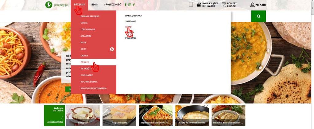 [4/26] również podstrony. Ja szukam na stronie przepisów na dania obiadowe. Na stronie głównej w centralnej części strony wyświetlają się inspiracje na dany dzień (1).
