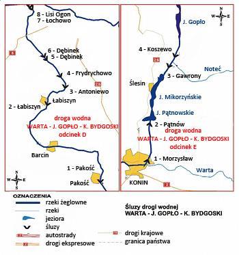 3. rzeka Noteć Górka, która ma długość 62,1 km; 4. Kanał Górnonotecki o długości 25 km, który łączy się z Kanałem Bydgoskim o długości 23,2 km. Rysunek 3.3.2. Droga wodna Warta Jezioro Gopło Kanał Bydgoski Źródło: Regionalny Zarząd Gospodarki Wodnej w Poznaniu, http://www.