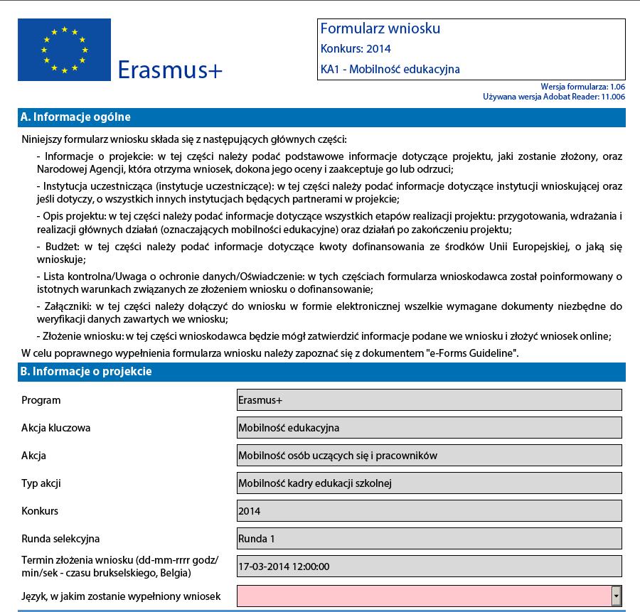 Pole "Typ akcji" wskazuje typ akcji, której dotyczy formularz wniosku.
