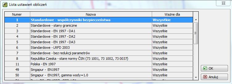 Okno dialogowe Lista ustawień obliczeń Następnie w tym samym oknie wybierzemy jako rodzaj obliczeń opcję Klin skalny.