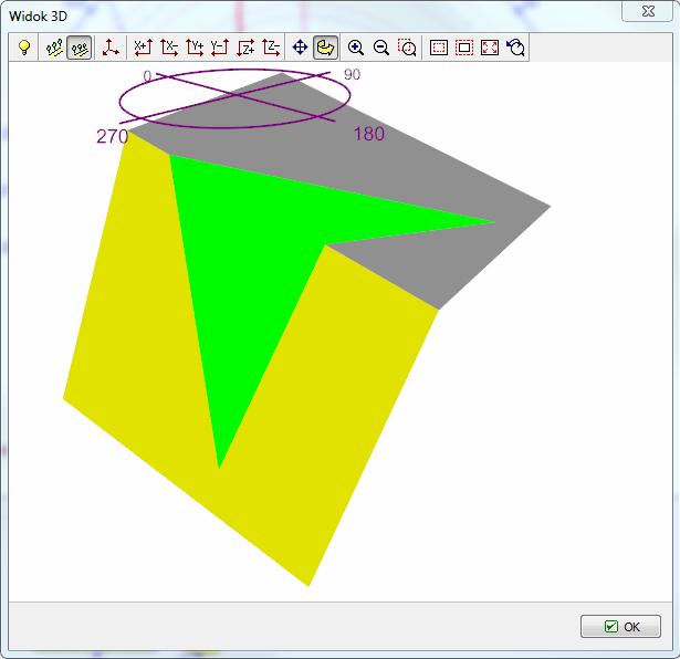 Widok 3D klina skalnego w oknie 3D Uwaga: Przestrzenna orientacja powierzchni poślizgu powiązana jest ściśle ze współrzędnymi geograficznymi.