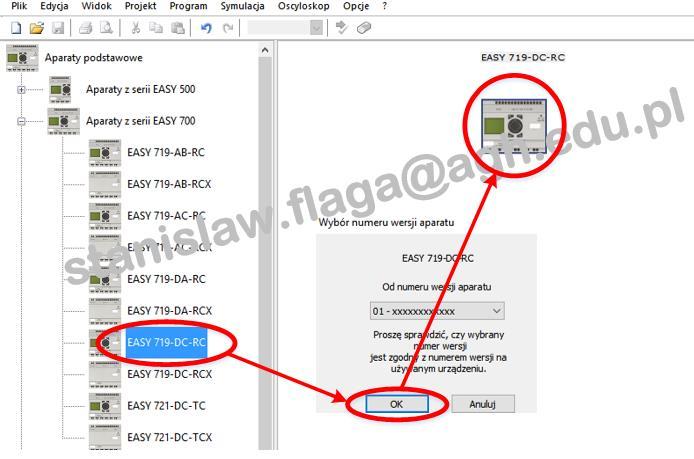 sprawdzenie połączeni PC z przekaźnikiem EASY 719- DC-RC (uwaga: w wersji demo programu Easy Soft Pro nie ma możliwości