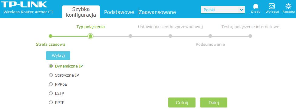 Najpierw zaznaczamy opcję Dynamiczne IP (adres IP