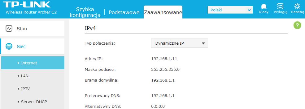 Teraz wybierając z menu opcję Sieć Internet sprawdzamy jaki adres pobrał nasz