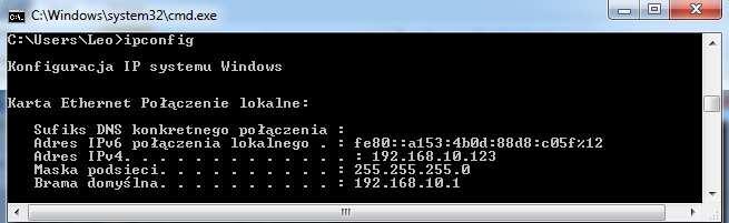 poleceń i sprawdzamy poleceniem ipconfig jaki adres pobrał nasz komputer. 5.