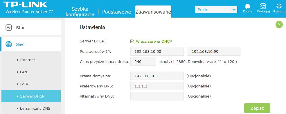 Z menu wybieramy zakładkę Sieć i Serwer DHCP i ustawiamy pulę adresów na 50,