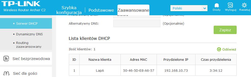 W tej samej zakładce Serwer DHCP poniżej mamy opcję Lista klientów DHCP i widzimy kto