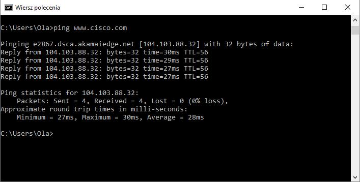 Krok 10 Wyślij pakiety ping na adresy IP serwerów DHCP lub DNS Spróbuj wysłać pakiety ping na adres IP dowolnego serwera DHCP i/lub DNS znalezionego w poprzednim ćwiczeniu.