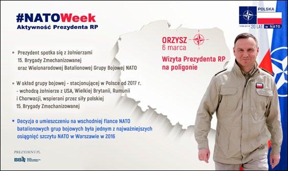 WYDARZENIA Z REGIONU NATO Week: Wizyta Prezydenta Andrzeja Dudy na poligonie w Orzyszu W dniu 6 marca 2019 roku, Prezydent Andrzej Duda złożył wizytę na poligonie wojskowym w Orzyszu.