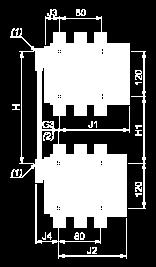 (1) Mechanical interlock shaft. (2) For assembly of contactors of different ratings only. (3) 4 x Ø6.5 for LC1 F115 to F225. Assembly A (7) - Mechanical interlock reference G3 3P G3 4P H min. H max.