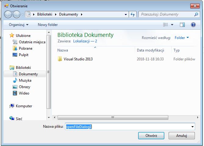 Okna dialogowe Okno otwierania pliku Krok 2: wywołanie metody ShowDialog uruchamia okno Po zamknięciu