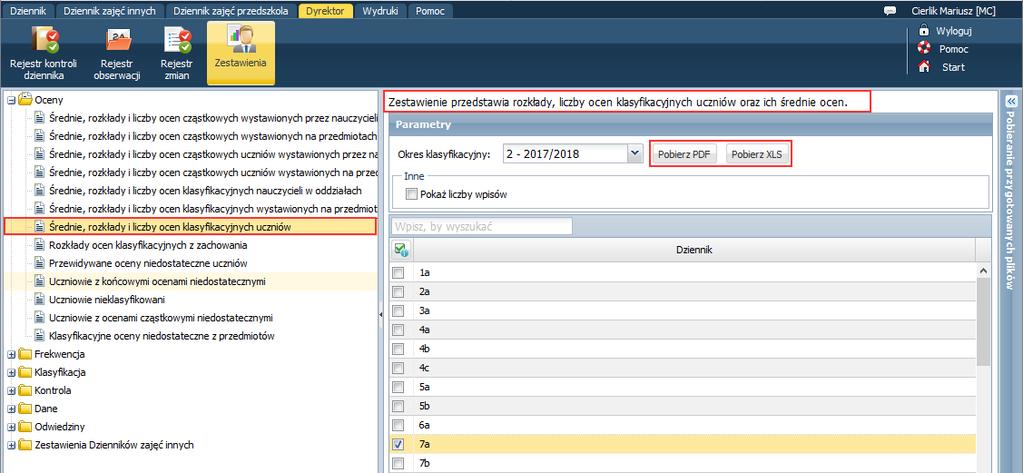 UONET+. W jaki sposób dyrektor szkoły może wykorzystać system w swojej codziennej pracy? 18/19 Rysunek 32. Widok Wydruki i zestawienia/ Zestawienia dyrektora zdefiniowane zestawienie 6.