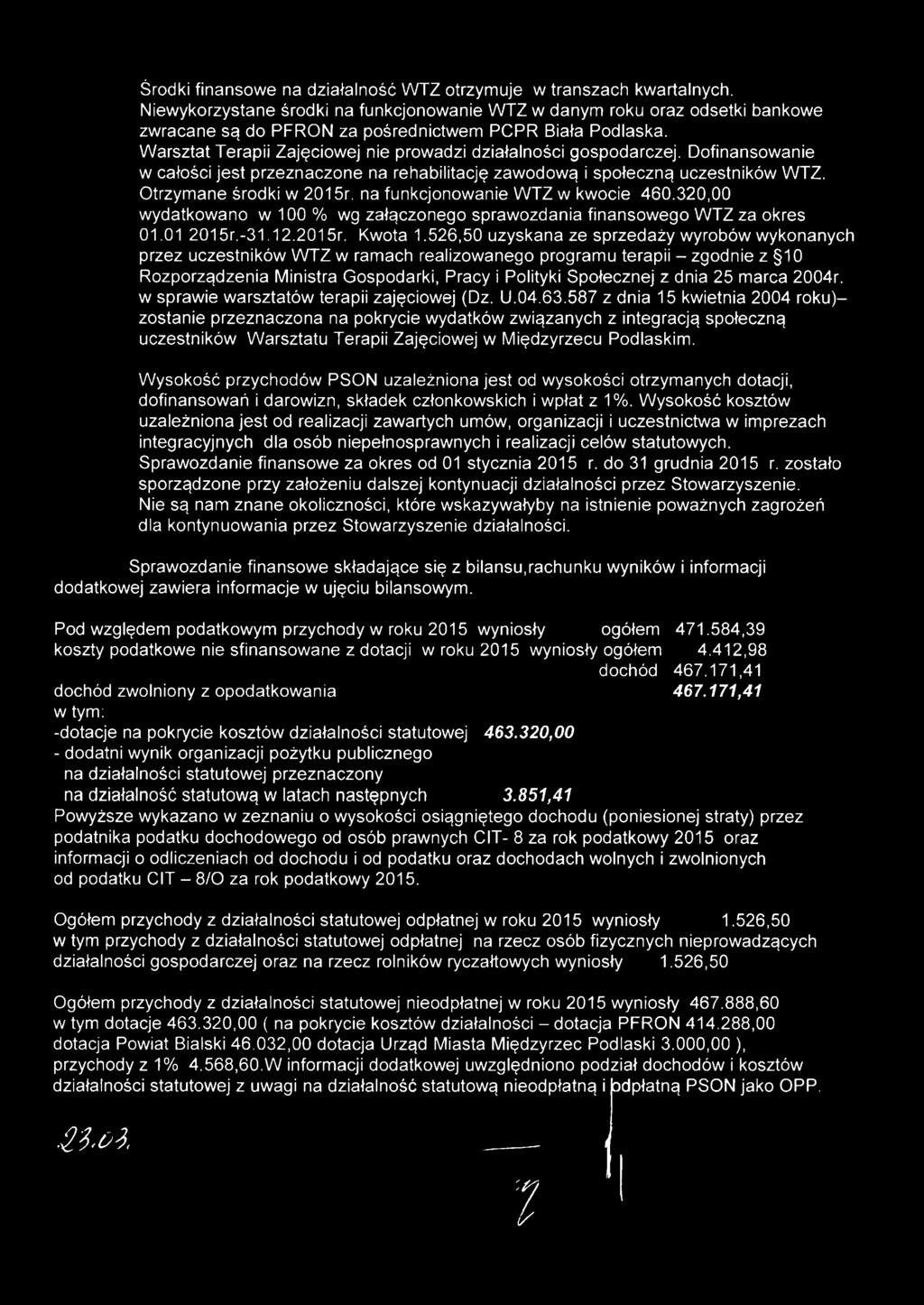 Warsztat Terapii Zajęciowej nie prowadzi działalności gospodarczej. Dofinansowanie w całości jest przeznaczone na rehabilitację zawodową i społeczną uczestników WTZ. Otrzymane środki w 2015r.