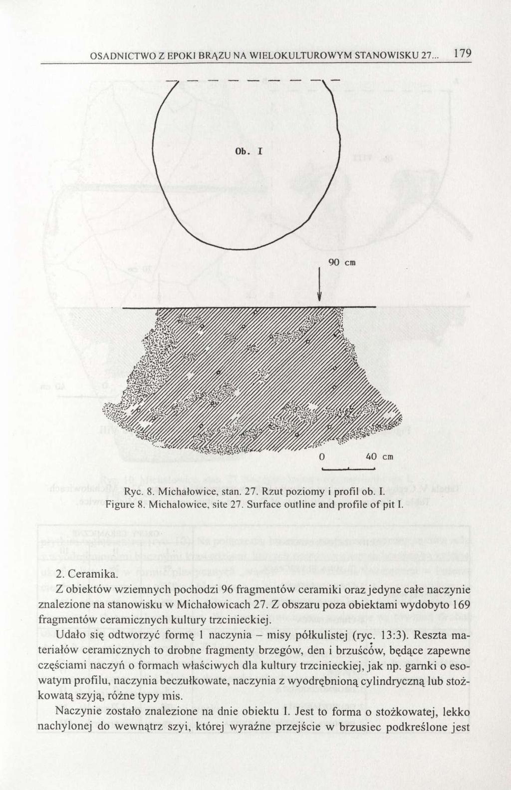 OSADNICTWO Z EPOKI BRĄZU NA WIELOKULTUROWYM STANOWISKU 27... 179 Ryc. 8. Michałowice, stan. 27. Rzut poziomy i profil ob. I. Figure 8. Michałowice, site 27. Surface outline and profile of pit I. 2. Ceramika.