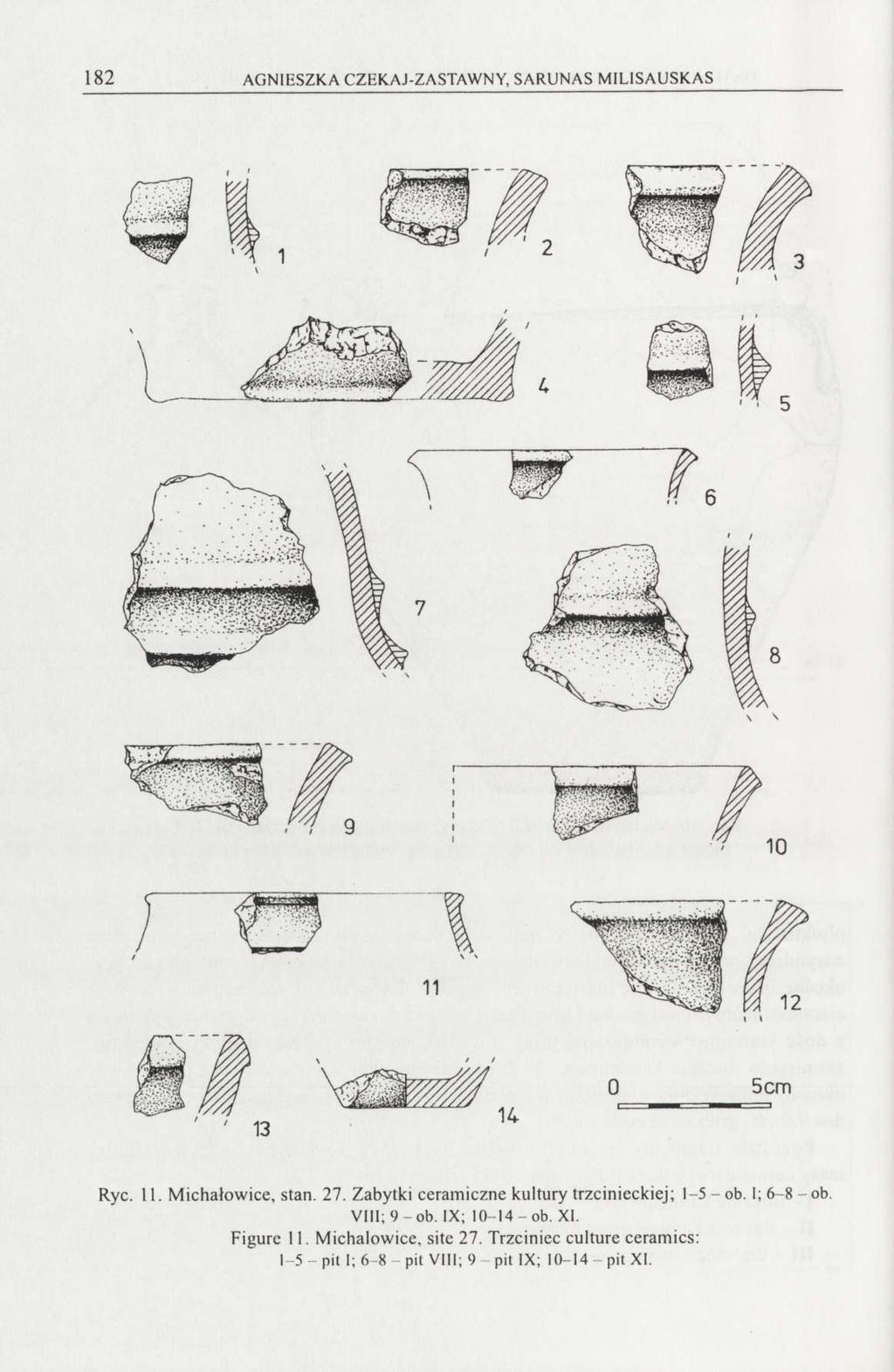 182 AGNIESZKA CZEKAJ-ZASTAWNY, SARUNAS MILISAUSKAS Ryc. 11. Michałowice, stan. 27. Zabytki ceramiczne kultury trzcinieckiej; 1-5 -ob. I; 6-8-ob.