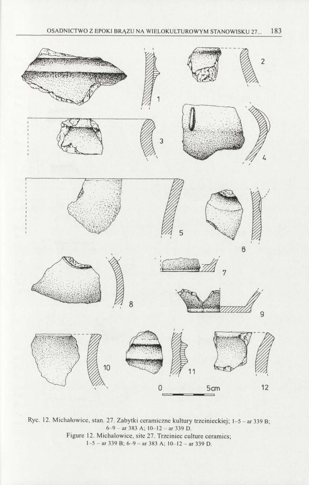 OSADNICTWO Z EPOKI BRĄZU NA WIELOKULTUROWYM STANOWISKU 27... 183 Ryc. 12. Michałowice, stan. 27. Zabytki ceramiczne kultury trzcinieckiej; 1-5-ar 339 B; 6-9 - ar 383 A; 10-12 - ar 339 D.