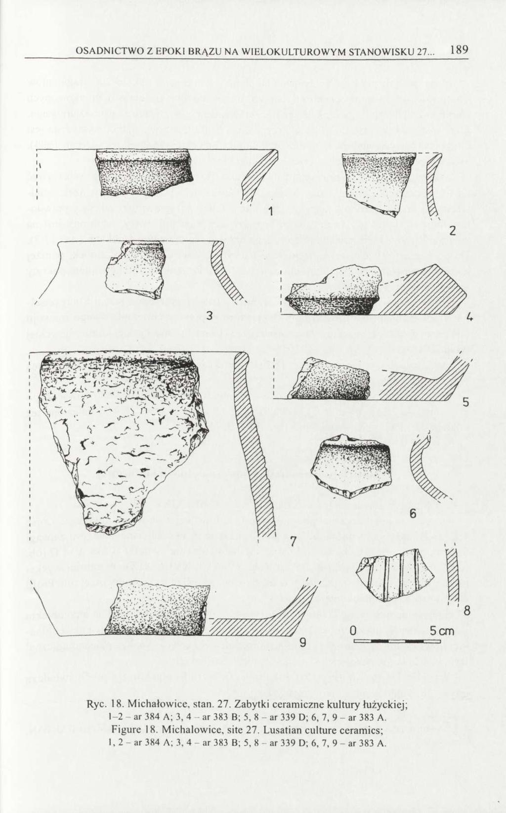 OSADNICTWO Z EPOKI BRĄZU NA WIELOKULTUROWYM STANOWISKU 27... 189 Ryc. 18. Michałowice, stan. 27. Zabytki ceramiczne kultury łużyckiej; 1-2 - ar 384 A; 3, 4 - ar 383 B; 5, 8 - ar 339 D; 6, 7, 9 - ar 383 A.