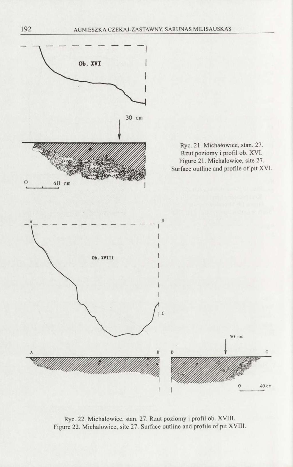 192 AGNIESZKA CZEKAJ-ZASTAWNY, SARUNAS MILISAUSKAS Ryc. 21. Michałowice, stan. 27. Rzut poziomy i profil ob. XVI. Figure 21. Michałowice, site 27.