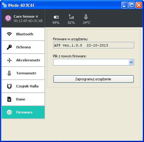Po wybraniu zakładki Firmware pojawi się następujące okienko: W polu Firmware w urządzeniu wyświetlana jest wersja firmware znajdująca się w urządzeniu i data jego utworzenia.