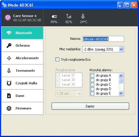Na górnej belce okienka po wybraniu zakładki Bluetooth są wyświetlone w kolejności od lewej: nazwa rodziny urządzeń inode w tym przypadku inode Care Sensor #4 unikalny identyfikator urządzenia poziom