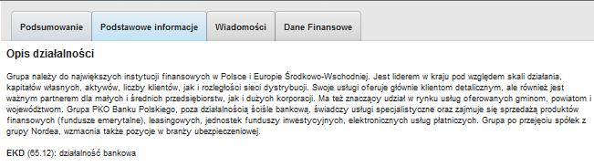 5.1. Opis działalności W górnej części zakładki Podstawowe informacje widoczna jest tabela Opis działalności (Rys. 12.) zawierająca ogólny opis spółki.