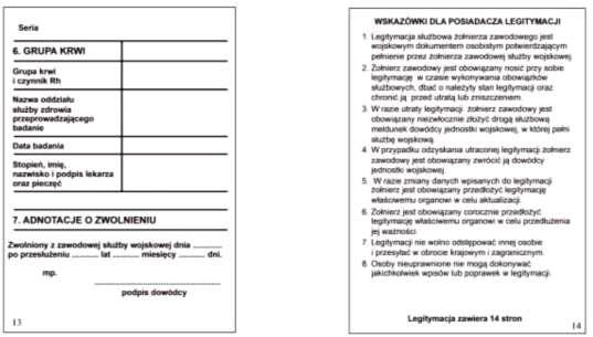 Wzór nr 9 do nr 18 Strony od dziewiątej do czternastej legitymacji służbowej oficera w stopniu wojskowym generała (admirała),